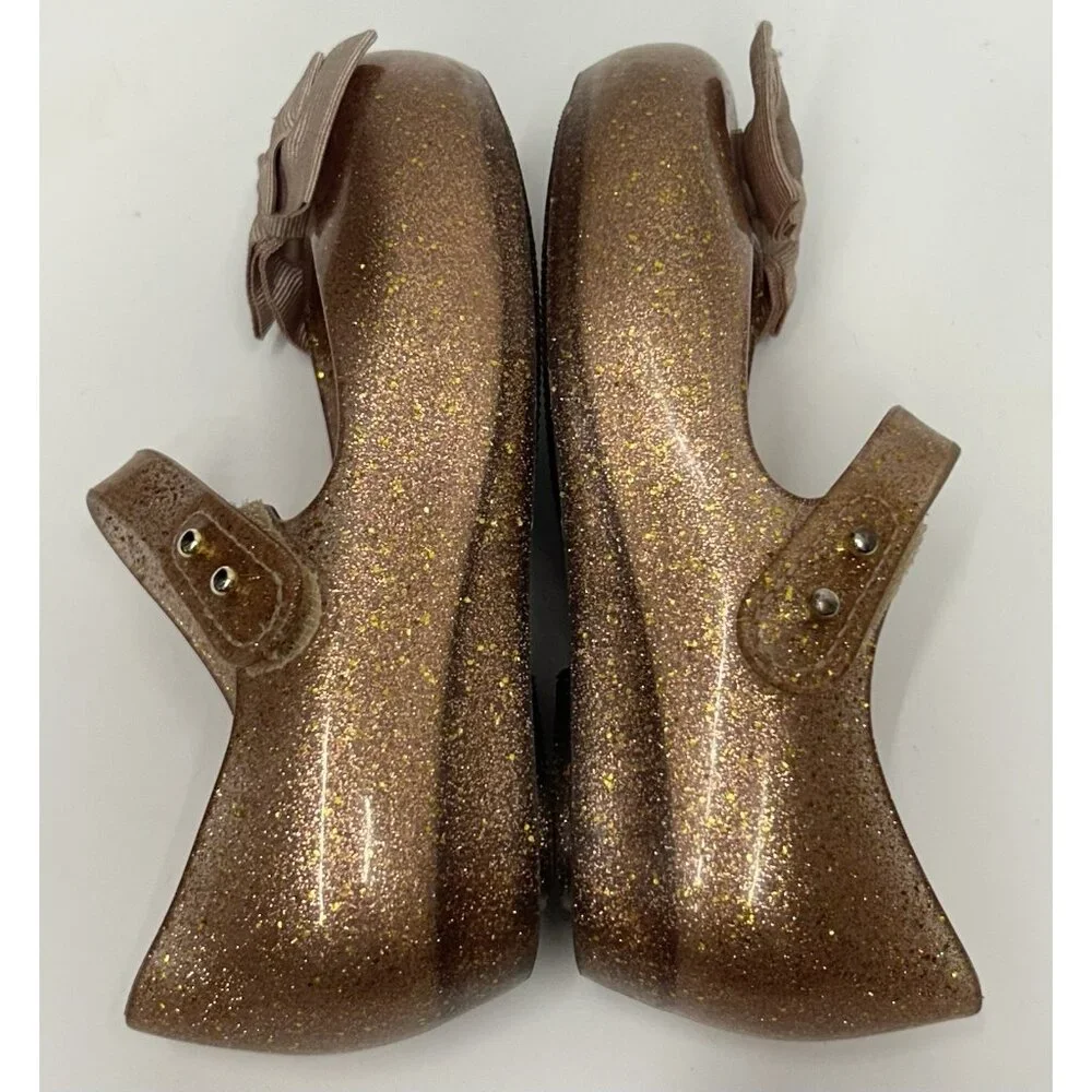 Mini Melissa Ultragirl Bow Shoes Size 9 Rose Gold Glittery Maryjane Flats Jelly